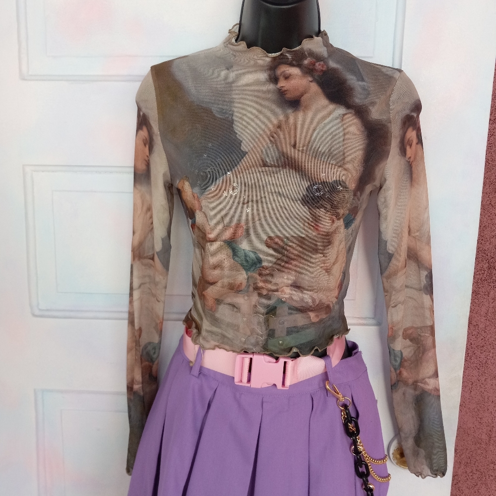 Sheer mesh Renaissance angel art lettuce edged mock-turtleneck crop top! Nwot! - Picture 2 of 10